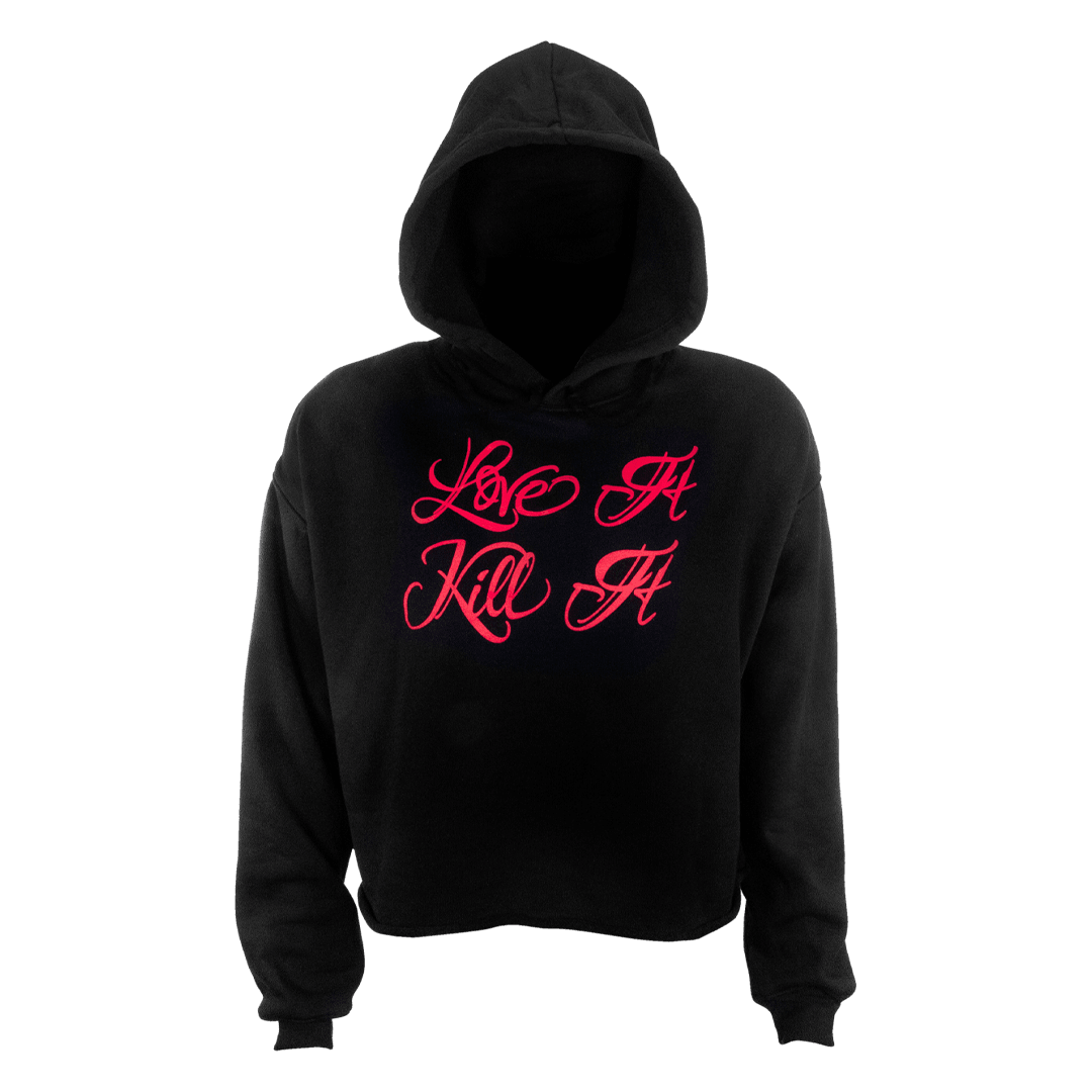 Love It Kill It, Women's Cropped Black Hoodie with Red Lettering - 5% Nutrition