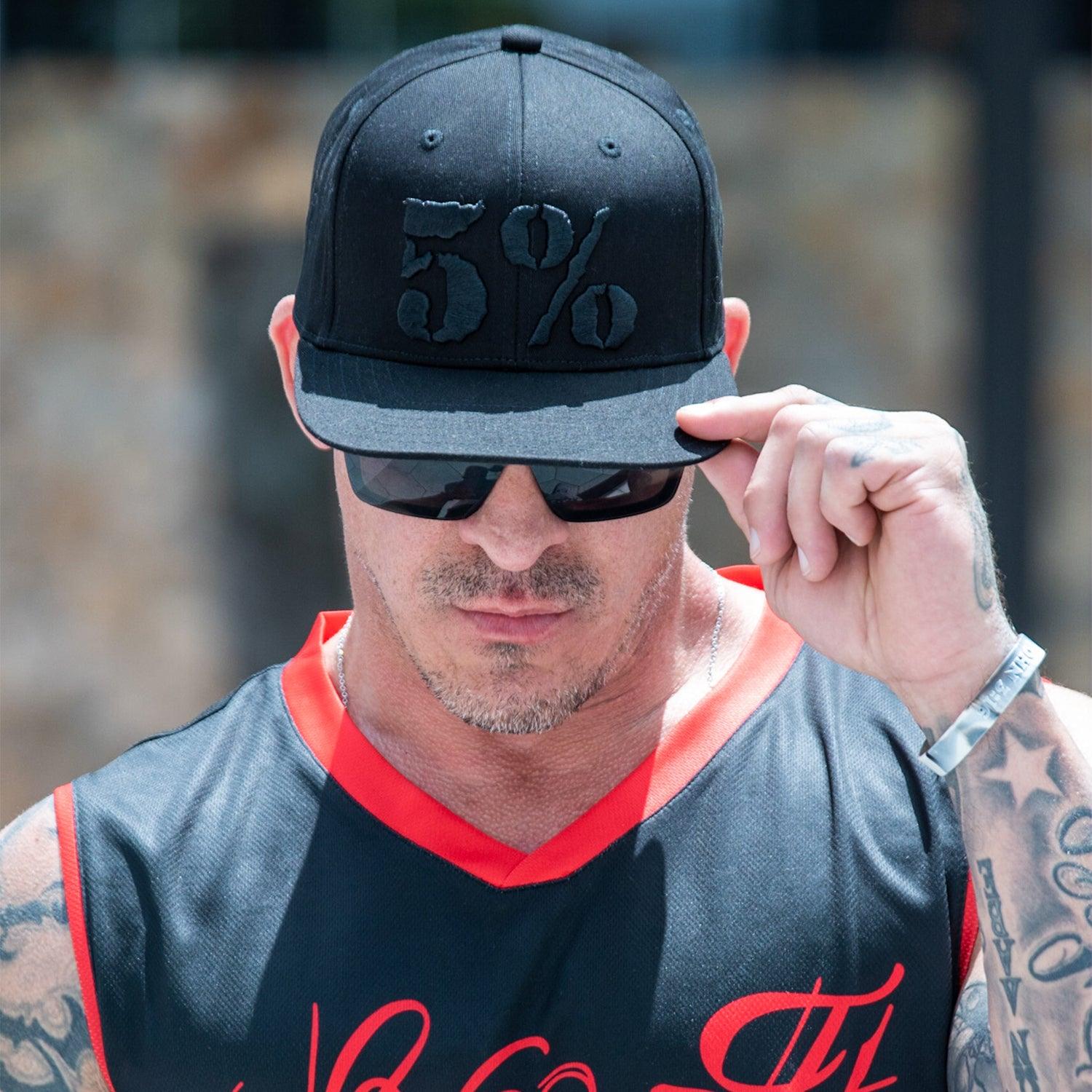 5% Flat Bill Hat, Black Hat with Black Lettering - 5% Nutrition