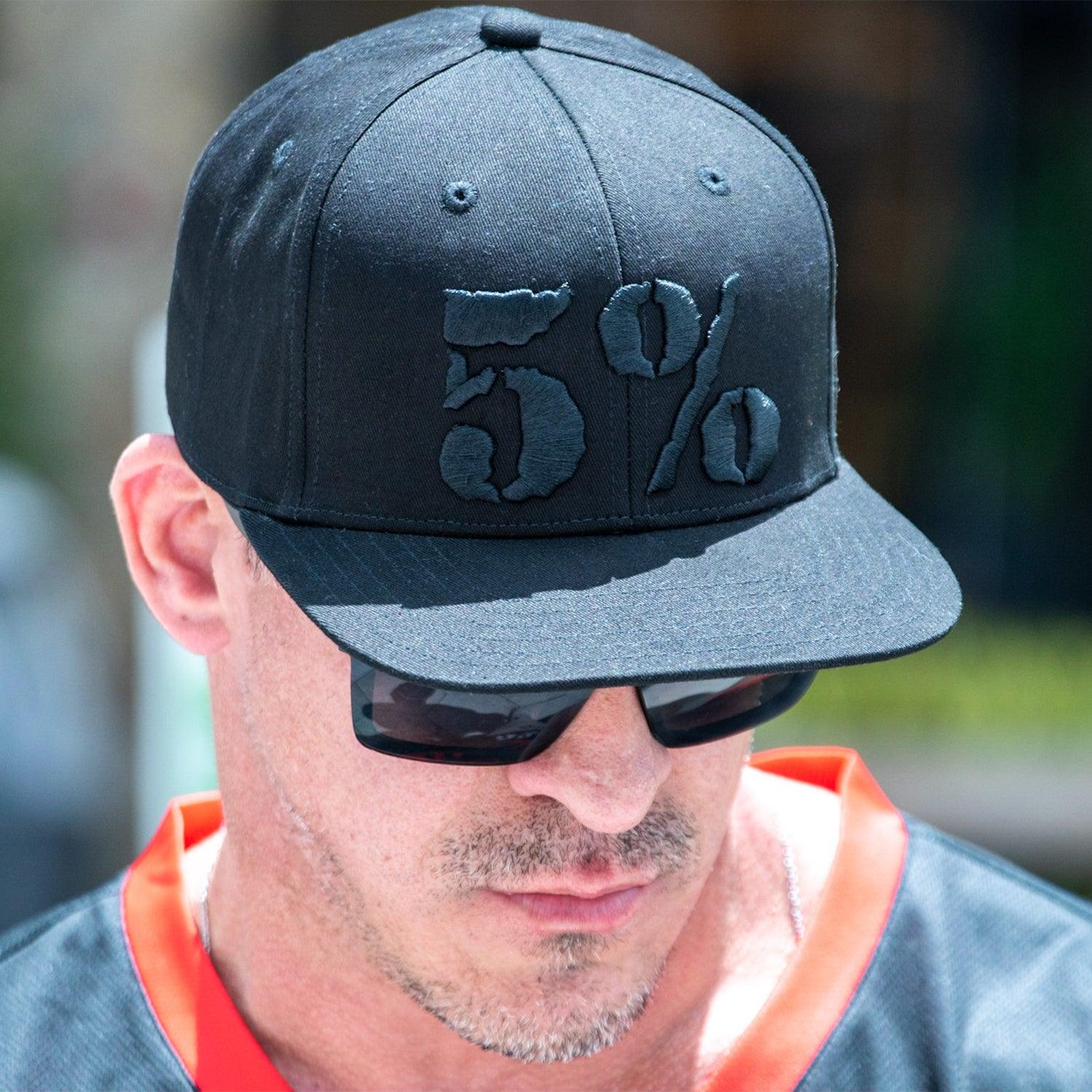 5% Flat Bill Hat, Black Hat with Black Lettering - 5% Nutrition